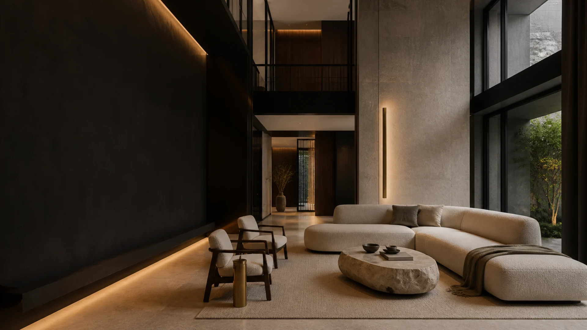 A refined double-height contemporary living room in dark wood, stone and warm neutrals