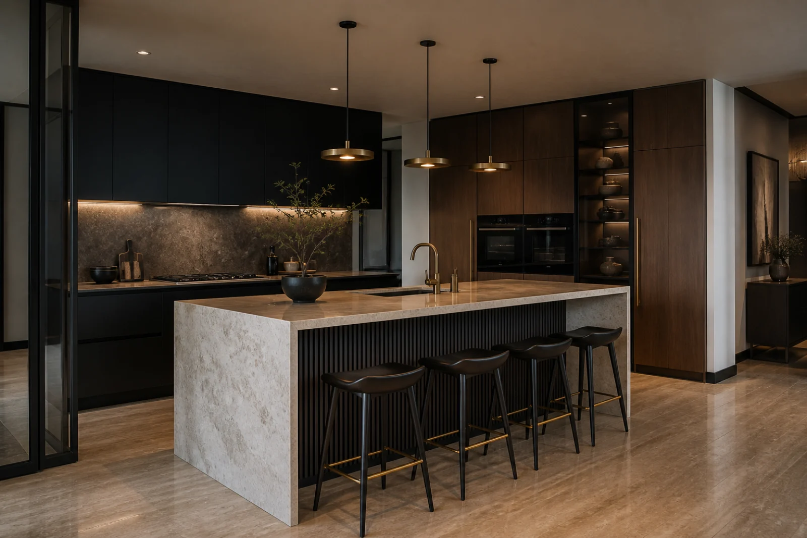 Black and walnut modular kitchen with pale stone island