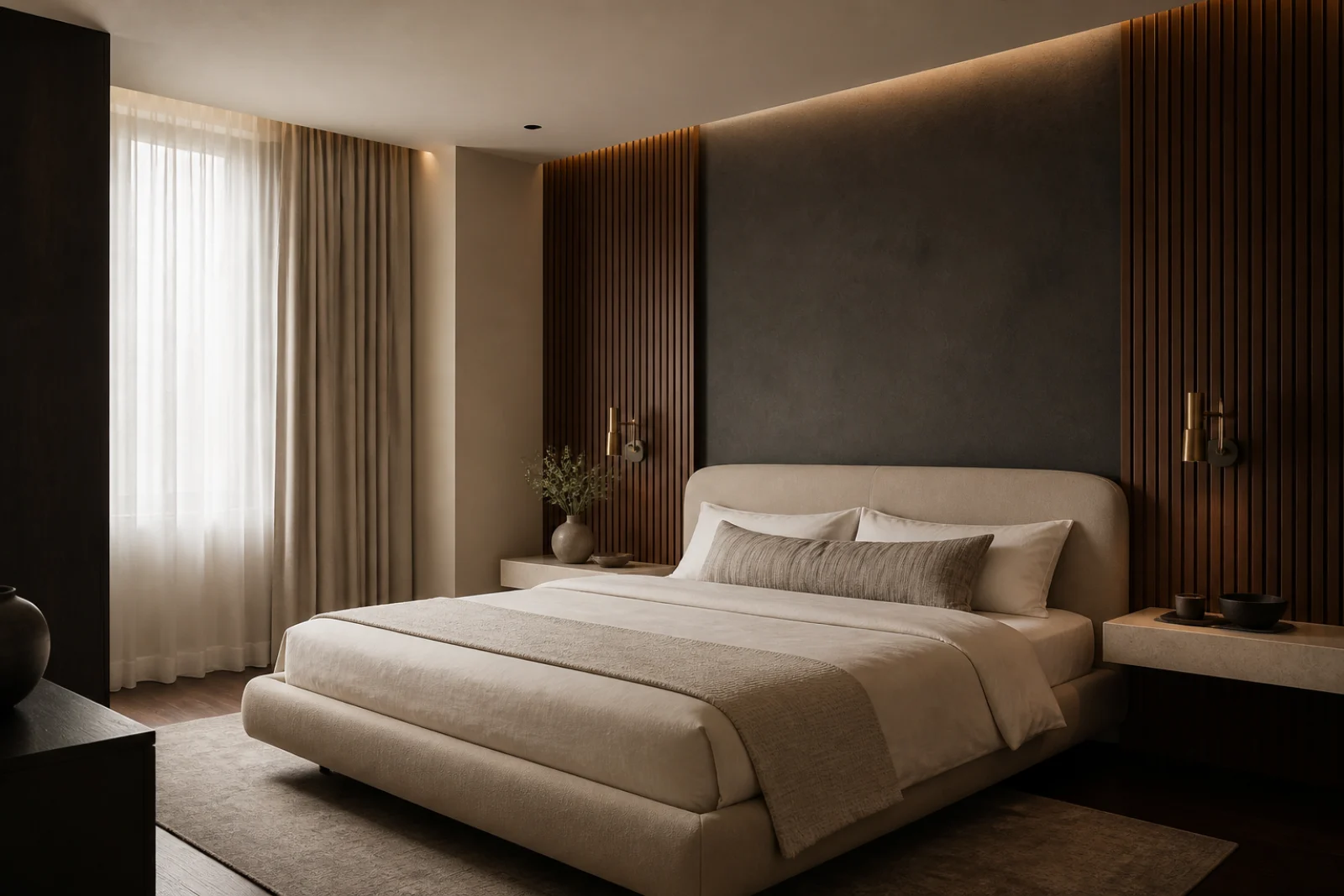 Serene bedroom with walnut panels and warm neutral textiles